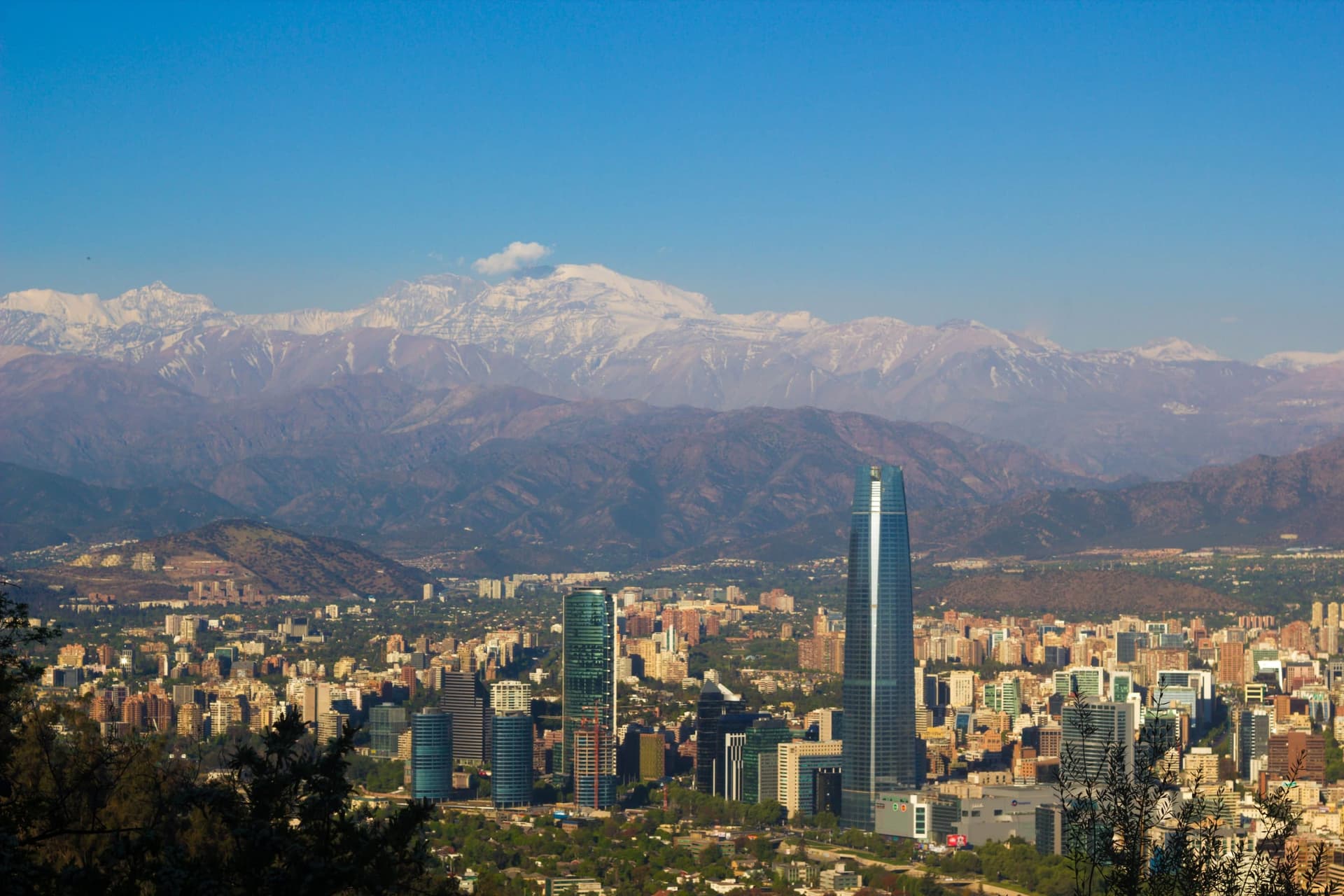 Santiago's skyline and Gran Torre Costanera from Cerro San Cristóbal, with the snow-capped Andes behind